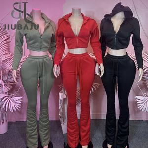 Sportif rahat 2 parça Set kadın kapüşonlu hırka kırpma ceket + İpli yığılmış pantolon basit temel eşofman - Product Image 1