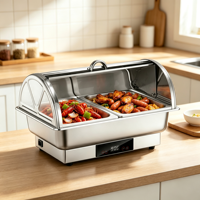 Chauffe-Plats Électrique de Luxe en Acier Inoxydable de 9L avec Couvercle Roulant, Réchaud Buffet Autonome pour Restaurants et Traiteurs
