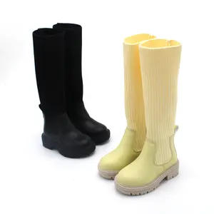 Botas femininas de outono e inverno, sapatos para meninas de sola grossa e bolso, bebês e crianças, na altura do joelho