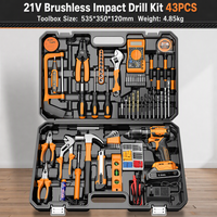Kit de perceuse à percussion sans balais 21V, 43 pièces, kit combiné d'outils électriques, mandrin métallique 0,8-10 mm, 35 réglages de couple, perceuse à percussion 3 modes, batterie lithium-ion