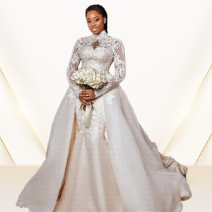 Factory Latest 2 in 1 African Mermaid <b>Wedding</b> <b>Dresses</b> Bridal Gowns <b>High</b> <b>Neck</b> Long Sleeves <b>Lace</b> Satin Bride <b>Dress</b> - Product Image 2