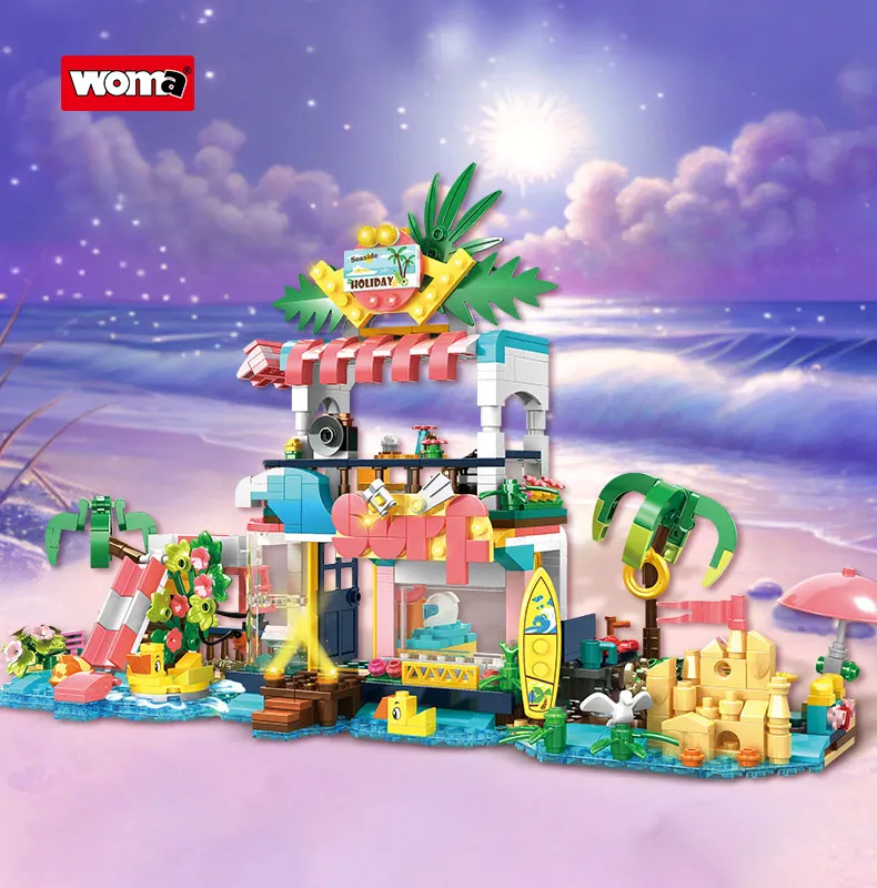 WOMA TOYS C0256-DS 617pcs 4 in 1 sea beach holiday house scenes land building block brick toy set for kids