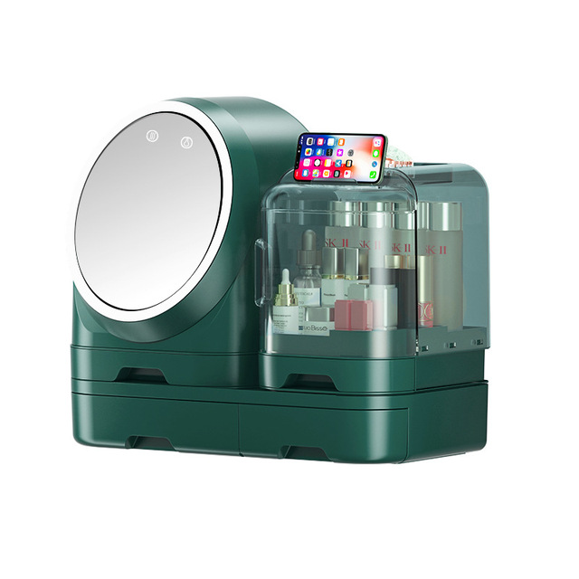 Bedroom Vanity Large Makeup Organizer W/ LED Light Fan for Women Girls Removable Cosmetic Storage Box Skincare Display Case