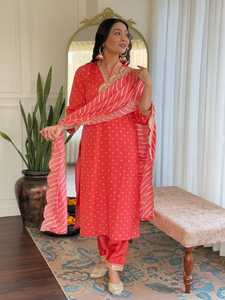 Salwar Kameez Rojo con Puntos para Mujer, con Dupatta a Rayas, Ropa Étnica Tradicional para Bodas, Material de Poliéster - Product Image 3