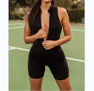 Custom Logo Woman Outfit Playsuits Zip Up Yoga Bodysuit Sleeveless Jumpsuit Women Plus Size 1 Piece Short Jumpsuit Women