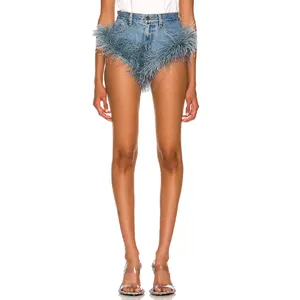 OEM High Waist Feather Trim Denim Super Short Hot Shorts Frauen