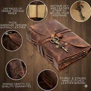 สมุดบันทึกหนังทำมือพร้อมกุญแจโบราณ กระดาษขอบดิบสไตล์วินเทจ สมุดจดบันทึกแบบเรียบง่าย - Product Image 5