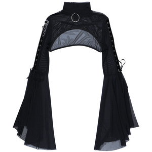 Boléro gothique en maille pour <span class=keywords><strong>femme</strong></span> - Haut court <span class=keywords><strong>noir</strong></span> transparent à col montant avec manches évasées et laçage latéral pour style punk - Product Image 5