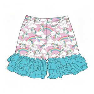 Shorts con volantes para niñas, de tela de leche, con estampado, cintura elástica, shorts casuales con volantes en el bajo para niñas - Product Image 1