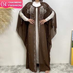 6741 #   Nuevo Cárdigan de Chifón de Lujo con Bonitas Perlas Blancas y Mangas Murciélago con Pedrería, Abaya Abierta con 2 Agujeros en las Mangas - Product Image 1