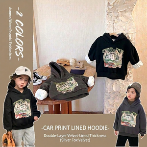 Felpa con Cappuccio Personalizzata Unisex per Bambini, in Cotone Felpato Pesante, Calda per l'Inverno, con Stampa Cartoon di Auto - Product Image 1
