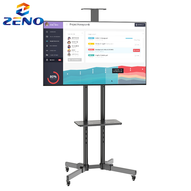 Zeno Professional Adjustable 42-65 Inch Steel Rolling TV Stand for Office Conference Silent Work Universal TV Cart Trolley