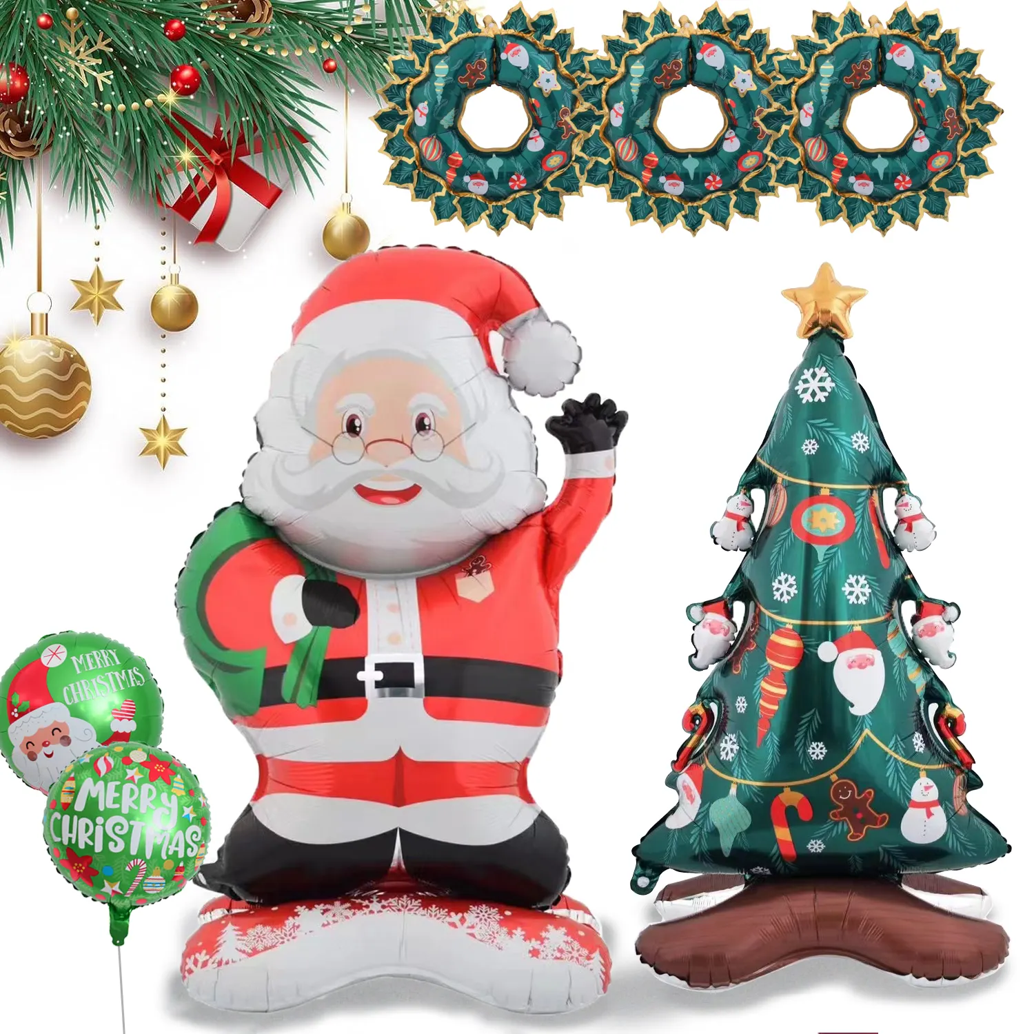 Globos de Navidad Bolsa de Papá Noel de pie con corona de Navidad Globos de aluminio de árbol de Navidad para decoraciones Suministros de fiesta de cumpleaños