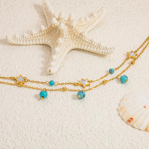 Chaîne de cheville en acier inoxydable plaqué or 18 carats avec zircon turquoise, perle et arbre de vie, bijou de pied pour femme pour soirée - Product Image 2