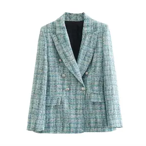 PB & ZA – Blazer à carreaux en Tweed avec Double boutonnage pour femme, manteau à manches longues, poches, vêtement d'extérieur Chic, nouvelle collection automne 2022