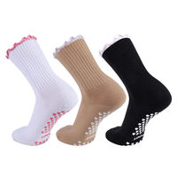 Chaussettes de Yoga Personnalisées pour Femme avec Broderie, Mi-Mollet en Coton, Antidérapantes, à Volants, pour Gym, Fitness et Pilates