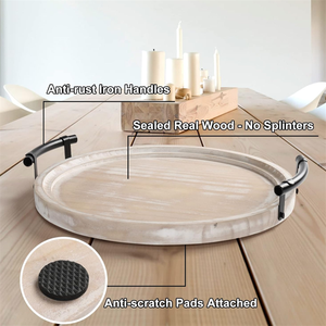 صينية قهوة خشبية مستديرة بطراز ريفي، صينية خشبية زخرفية بمقابض لديكور المنزل - Product Image 2