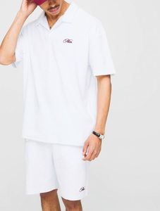 Cotton Casual Wear Set <b>White</b> Oversized Embroidered Towelling Revere <b>Polo</b> & Short Set Tracksuit Sweatsuit for Men - Product Image 2