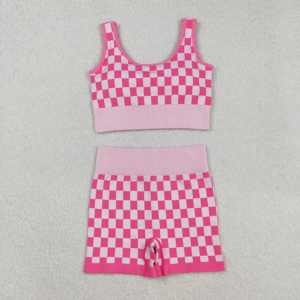NO Tariffs Contact Us GSSO2704 Wholesale Quality Athletic Clothing Women <strong>Outfits</strong> <strong>Pink</strong> Plaid Vest with Shorts Set Adult Clothes - Product Image 5