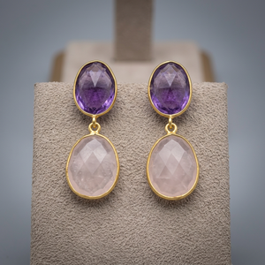 Nouveauté : Boucles d'oreilles ovales en quartz rose, améthyste, hydro-gemmes, argent sterling 925 plaqué or 14 carats, faites à la main - Product Image 3