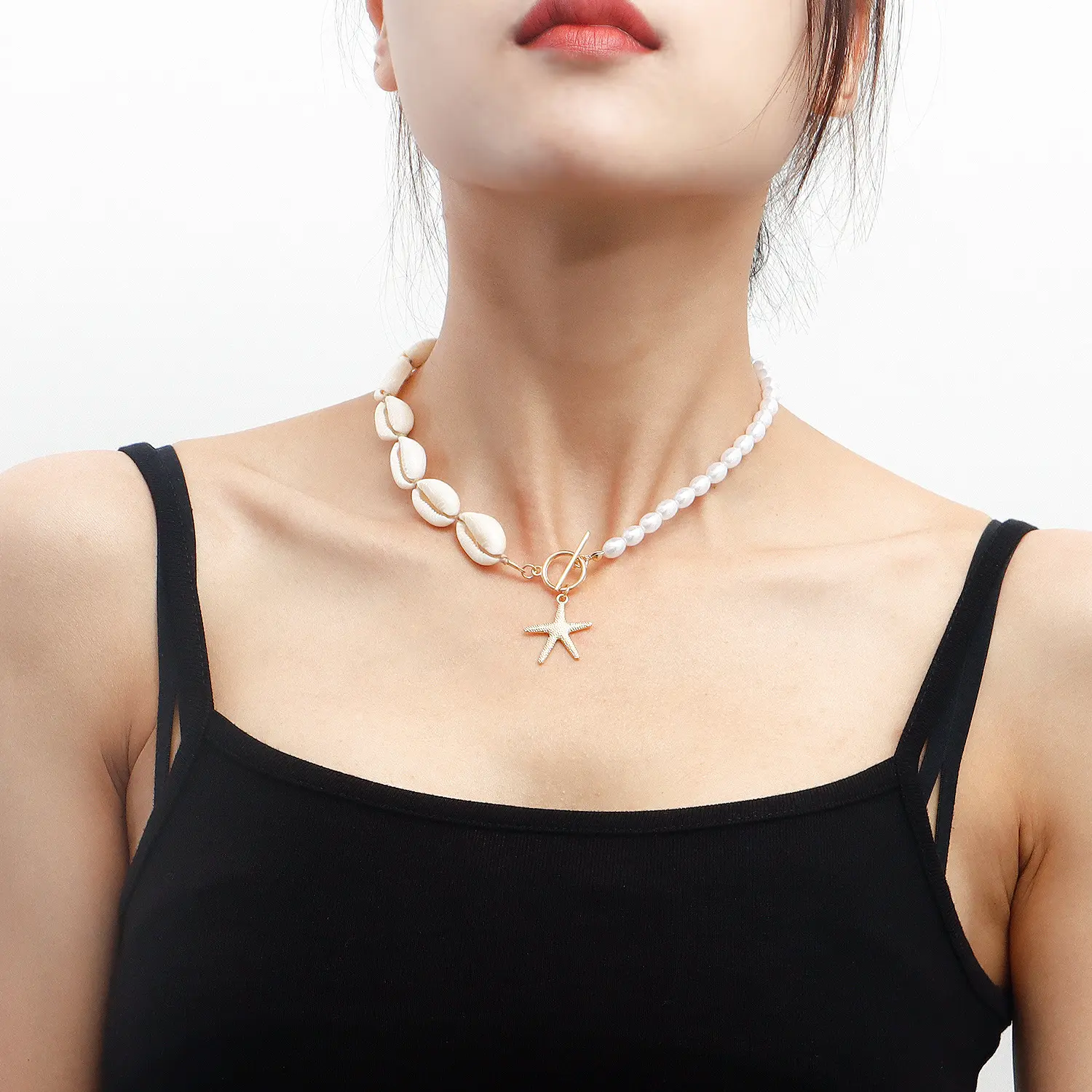 YW Legierung Klauenwirbel-Kette Seesternen-Anhänger-Halskette Perlen- und Gold-Schale-Halsketten für Damen