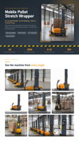 Machine d'emballage extensible automotrice avec un design compact, adaptée aux allées étroites et aux petites entrepôts.