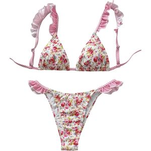 Women Floral <b>String</b> <b>Bikini</b> Set Spaghetti Strap Ruffle 2 Piece Swimsuit Cheeky Bathing Suit - Product Image 1