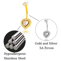 Anneaux de nombril Maina à double pierre avec filetage interne, en forme de cœur et de zircon rond, style barbell, bijoux de piercing pour nombrils