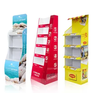 Estante de exhibición de productos de piso de cartón corrugado personalizado gratis, unidades de aperitivos, soporte de exhibición de chocolate de cartón