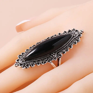 Anello da donna H449 in onice argento, taglio marquise, a forma di scudo, placcato anticato, idea regalo - Product Image 2