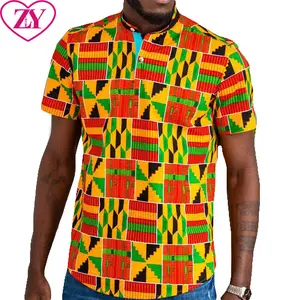 African Wax Print Top Kente Print Shirt Grandad Collar Short Sleeve Polo Shirt For Men