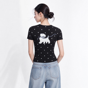 Women's Short Sleeve Loose Fit Knitted Chiffon Crop Top Dog Embroidery <b>Y2K</b> Eco-Friendly Vintage Breathable Spring Cute Style - Product Image 5
