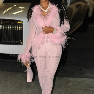 New Women's Solid Color <b>Mesh</b> Fur Long Sleeve Top & Skinny <b>Pants</b> 2-Piece Set Fashion - Product Image 5