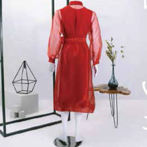 Robe de soirée longue et ample en polyester pour femme, avec ceinture, manches longues bouffantes, couleur unie personnalisable, style caftan - Product Image 3
