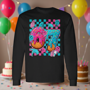 67 Ice Cream Drip Checkered Number 67th Birthday T-shirt a maniche lunghe - Product Image 3