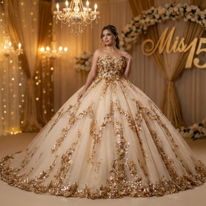 Hmy20 Robe de soirée exquise style robe de bal couleur champagne, richement ornée de paillettes dorées et d'appliques florales 3D, avec traîne cathédrale Jancemebr - Product Image 1