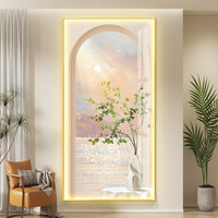 Grands tableaux muraux avec éclairage LED, peintures de paysages de plantes vertes, peinture en porcelaine de cristal pour la décoration du salon
