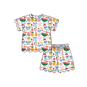Preorder Baby Girls Summer Short Sleeve Scallop <strong>Fruits</strong> Bows Tee <strong>Shirts</strong> Top Shorts Spring Stretchy Boutique Outfits Clothes Sets - Product Image 2