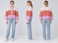 Cardigan en maille élégant pour femme, à blocs de couleur et rayures, col rond, boutonnage frontal, poignets à volants et manches bouffantes, style décontracté, faible MOQ