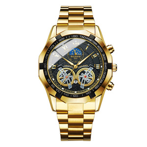 Reloj Deportivo de Negocios para Hombre de Alta Calidad, Chapado en Oro, Correa de Acero, Cronógrafo, Taquímetro, Función de Fecha, Manecillas Luminosas, Reloj de Cuarzo - Product Image 1