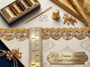 Hermosas encajes festoneados bordados a mano con lentejuelas metálicas y zari para sari, lehenga, ropa de boda, bolsos, manualidades y decoración B.R. - Product Image 4
