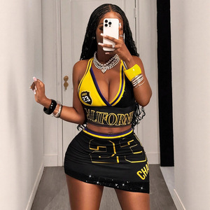 Peeqi K25L664 Mùa Hè Mới Bán Buôn Của Phụ Nữ Sexy Hai Mảnh Váy Đặt Thời Trang Thư In Halter Không Tay Top Váy Set Phụ Nữ - Product Image 1