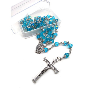 Collier chapelet en cristal bleu saphir, bleu lac, bleu ciel, avec pendentif croix perlée, bijoux religieux unisexe, chaîne en argent 925 - Product Image 2
