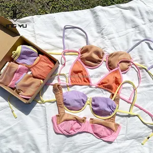 2024 traje de baño acanalado de cintura alta para mujer conjunto de Bikini brasileño Push-Up verano playa ropa de baño