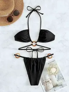 Traje de Baño de Dos Piezas para Mujer, con Tirantes Geométricos Triangulares, Cintura Alta, Recortes, Encaje, Malla Transparente, Ropa Deportiva Sexy Micro - Product Image 4