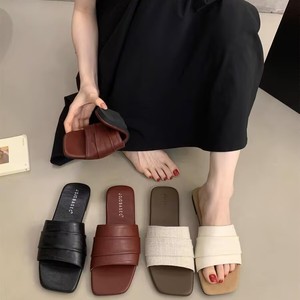 Women's Flat Slide Sandals Korean Chic Ruched Soft Leather Flat Slide Sandals Square Toe Casual <b>Summer</b> <b>Slippers</b> - Product Image 1