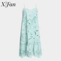 Robe décontractée en coton personnalisée style boutique, broderie anglaise, couleur unie, bretelles spaghetti, sans manches, coupe midi évasée
