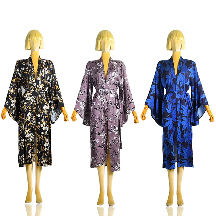 Dames Zomer Vesten Kimono Lange Gewaad Uitlopende Mouwen Japanse Bloemen Badjas Satijnen Nachtjapon