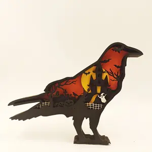 New Product Ideas 2023 Halloween Creative Design Halloween Ornaments Light Crow Wood for Crafts