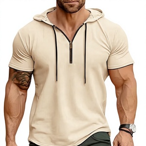 Men's Hooded Henley T-Shirt Short Sleeve Regular Fit Solid Color Casual Knitted Pullover Beige 100% Cotton/Polyester 200g - Product Image 1